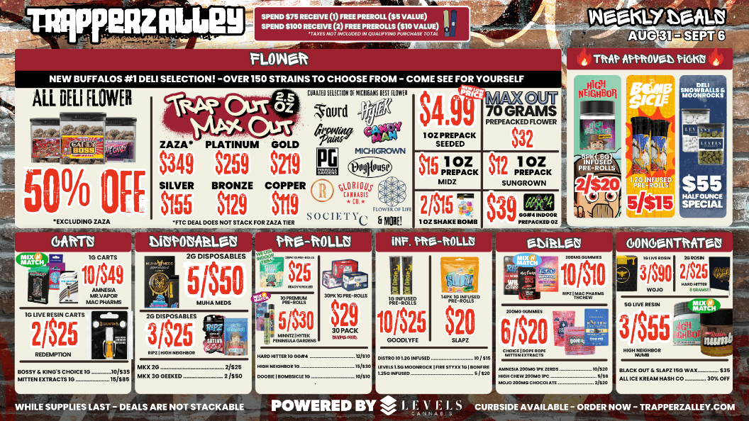 Cannabis Deals in New Buffalo, MI | Trapperz Alley Weekly cannabis deals and specials at Trapperz Alley in New Buffalo, Michigan