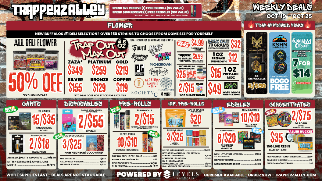 Cannabis Deals in New Buffalo, MI | Trapperz Alley Weekly cannabis deals and specials at Trapperz Alley in New Buffalo, Michigan